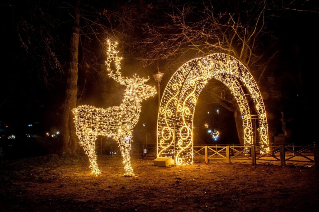 Iluminacja świąteczna w kształcie łuku nad alejką parkową